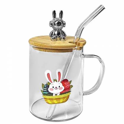 Κούπα με Καλαμάκι Γυάλινη Κλείνει με Ξύλο Happy Rabbit 10x8cm 400ml Πασχαλινά είδη Bunnys